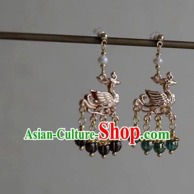 Chinese Ancient Queen Golden Phoenix Ear Jewelry Traditional Ming Dynasty Green Beads Tassel Earrings Accessories