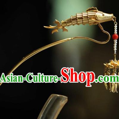 Chinese Handmade Hair Accessories Ancient Empress Golden Lotus Fish Hair Stick Traditional Pearls Tassel Hairpin