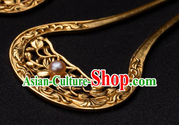 Chinese Ancient Palace Lady Golden Hair Stick Traditional Tang Dynasty Empress Wedding Pearl Hairpin Chinese Ancient Palace Lady Golden Hair Stick Traditional Tang Dynasty Empress Wedding Pearl Hairpin