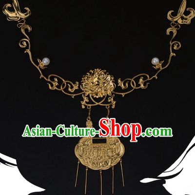 China Traditional Ming Dynasty Golden Tassel Necklace Jewelry Accessories National Longevity Lock Pendant