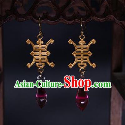 Chinese Ancient Court Empress Wine Red Coloured Glaze Ear Jewelry Traditional Qing Dynasty Earrings Accessories