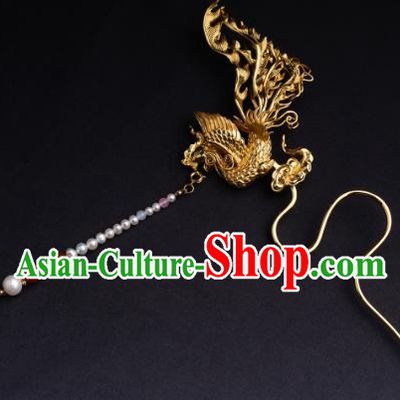Chinese Ancient Empress Pearls Tassel Hairpin Handmade Hair Accessories Traditional Ming Dynasty Golden Phoenix Hair Stick