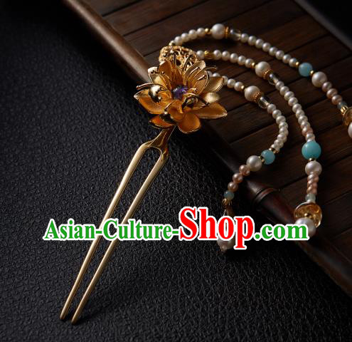Chinese Traditional Tang Dynasty Golden Lotus Hair Stick Ancient Princess Pearls Tassel Hairpin Chinese Traditional Tang Dynasty Golden Lotus Hair Stick Ancient Princess Pearls Tassel Hairpin