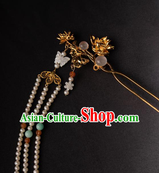 Chinese Ancient Song Dynasty Empress Golden Lotus Hairpin Traditional Hanfu Pearls Tassel Hair Stick Chinese Ancient Song Dynasty Empress Golden Lotus Hairpin Traditional Hanfu Pearls Tassel Hair Stick