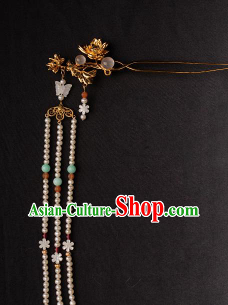 Chinese Ancient Song Dynasty Empress Golden Lotus Hairpin Traditional Hanfu Pearls Tassel Hair Stick Chinese Ancient Song Dynasty Empress Golden Lotus Hairpin Traditional Hanfu Pearls Tassel Hair Stick