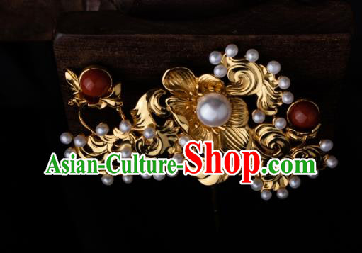 Chinese Ancient Ming Dynasty Princess Golden Hairpin Traditional Hanfu Pearls Hair Comb Chinese Ancient Ming Dynasty Princess Golden Hairpin Traditional Hanfu Pearls Hair Comb