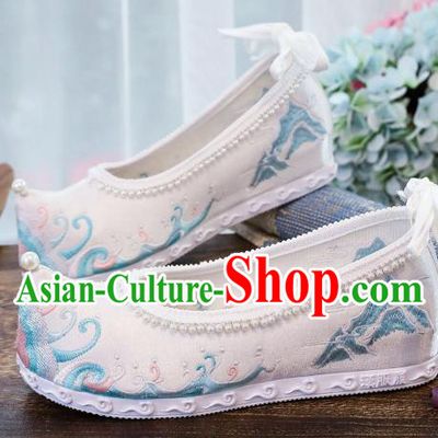 China Handmade National Pearls Shoes Embroidered Clouds Shoes Traditional Hanfu Bow Shoes