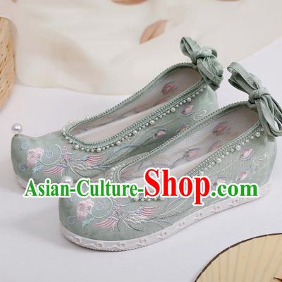 China Embroidered Phoenix Green Shoes Hanfu Bow Shoes Traditional Pearls Shoes Handmade National Shoes