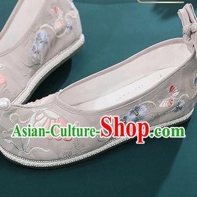 China Handmade National Grey Cloth Shoes Traditional Ming Dynasty Shoes Embroidered Butterfly Shoes Hanfu Bow Shoes