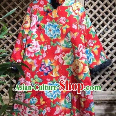 China National Upper Outer Garment Costume Traditional Printing Peony Butterfly Red Cloth Jacket