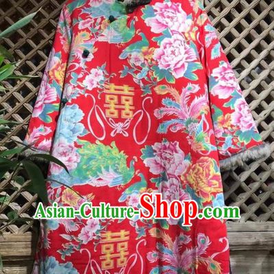 China Traditional Printing Phoenix Peony Red Cloth Jacket National Upper Outer Garment Wedding Costume