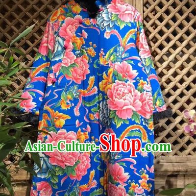 China Traditional Printing Phoenix Peony Royalblue Cloth Jacket National Costume Upper Outer Garment