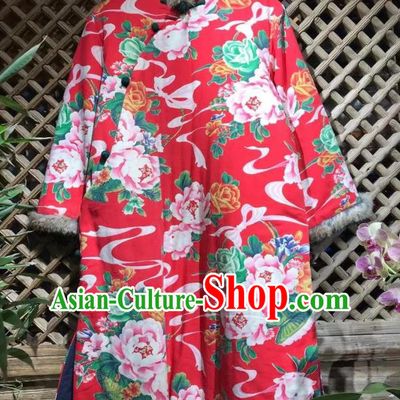 China Traditional Printing Peony Cotton Padded Jacket Upper Outer Garment National Costume