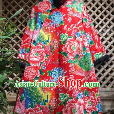 China Traditional Printing Peacock Peony Cotton Padded Coat National Wedding Upper Outer Garment Winter Costume