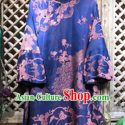 China Traditional Peacock Pattern Blue Silk Shirt National Upper Outer Garment Tang Suit Costume