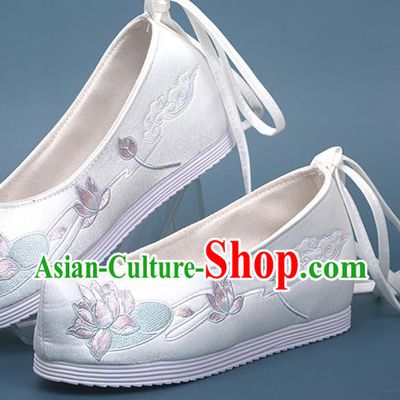 China Traditional Shoes Handmade National White Satin Shoes Embroidered Lotus Shoes Hanfu Bow Shoes