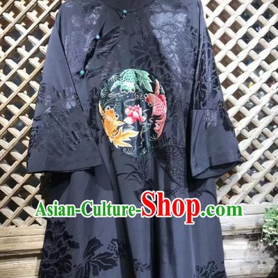 China Traditional Peony Pattern Navy Silk Shirt Embroidered Lotus Fish Blouse National Tang Suit Upper Outer Garment Costume