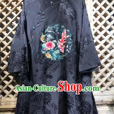 China Embroidered Peony Fish Blouse National Tang Suit Upper Outer Garment Costume Traditional Chrysanthemum Pattern Navy Silk Shirt