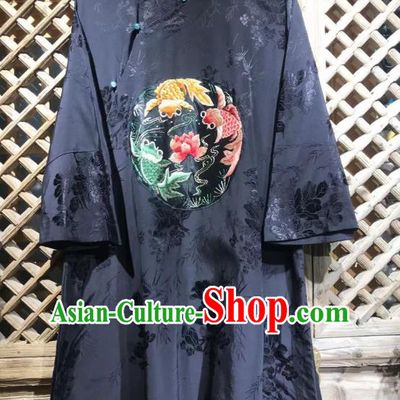 China Embroidered Lotus Goldfish Blouse Traditional Peony Pattern Navy Silk Shirt National Tang Suit Upper Outer Garment