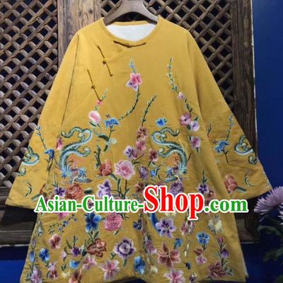 China National Tang Suit Upper Outer Garment Traditional Yellow Coat Embroidered Flowers Cotton Padded Jacket