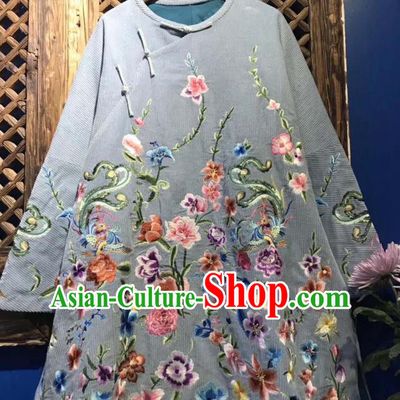 China Traditional Blue Coat Embroidered Flowers Cotton Padded Jacket National Tang Suit Upper Outer Garment
