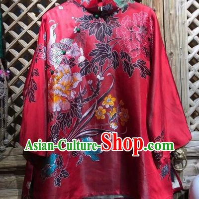 China Traditional Red Silk Jacket National Tang Suit Upper Outer Garment Classical Peacock Pattern Coat