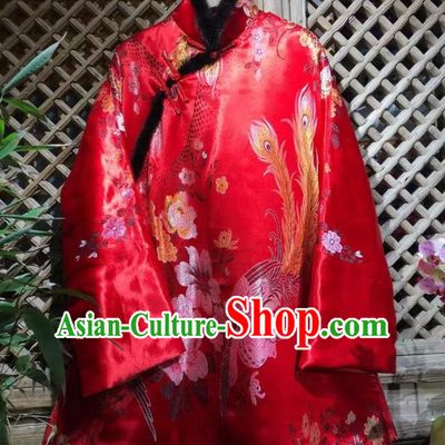 China Traditional Phoenix Peony Pattern Jacket National Tang Suit Outer Garment Red Silk Cotton Wadded Coat