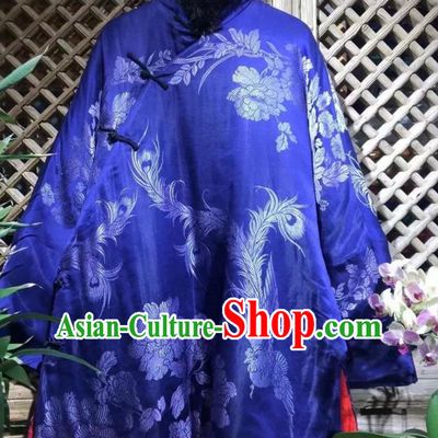 China National Tang Suit Outer Garment Blue Silk Cotton Wadded Coat Traditional Phoenix Peony Pattern Jacket