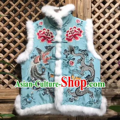 Republic of China Embroidered Dragon Phoenix Vest Tang Suit Blue Silk Waistcoat