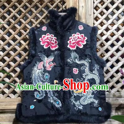 Republic of China Tang Suit Black Silk Waistcoat Embroidered Dragon Phoenix Vest