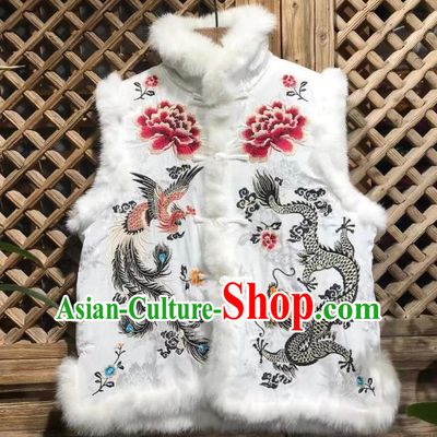 Republic of China Tang Suit White Silk Waistcoat Embroidered Dragon Phoenix Cotton Padded Vest