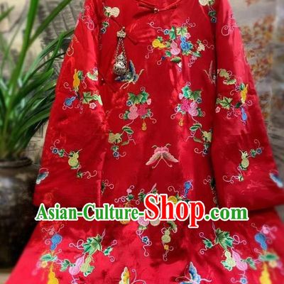 China Traditional Embroidered Butterfly Jacket National Outer Garment Tang Suit Red Satin Cotton Padded Coat