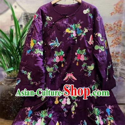 China Tang Suit Cotton Padded Coat Traditional Embroidered Butterfly Deep Purple Silk Jacket National Outer Garment