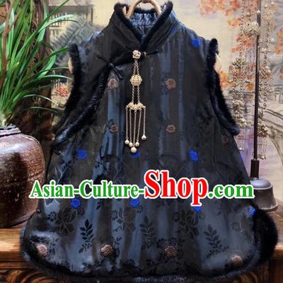 China Tang Suit Black Silk Waistcoat National Winter Vest Women Upper Outer Garment Clothing