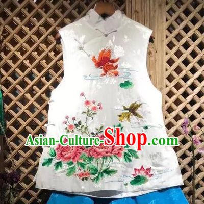 Republic of China Tang Suit White Silk Waistcoat Embroidered Peony Vest Clothing