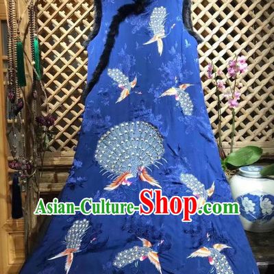 Chinese National Royalblue Silk Qipao Dress Traditional Embroidered Peacock Cheongsam Clothing