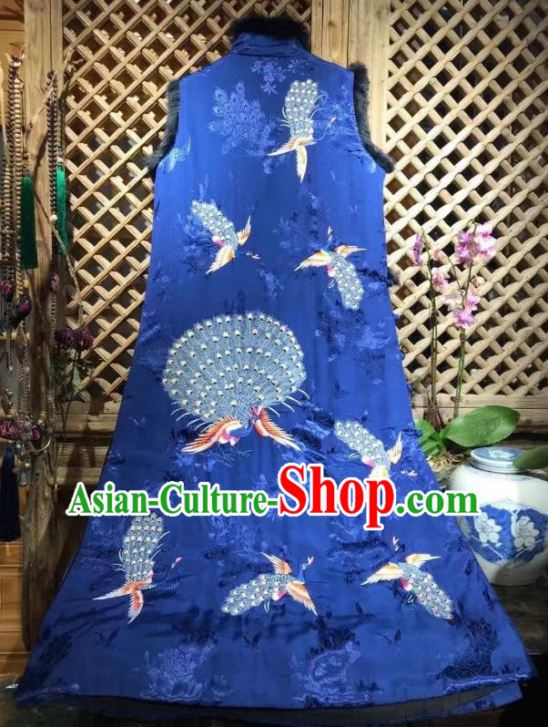 Chinese National Royalblue Silk Qipao Dress Traditional Embroidered Peacock Cheongsam Clothing Chinese National Royalblue Silk Qipao Dress Traditional Embroidered Peacock Cheongsam Clothing