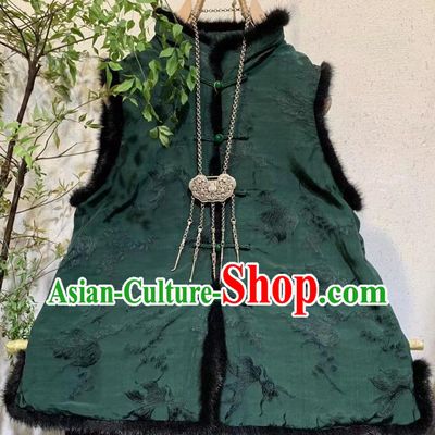 China Winter Clothing Goldfish Pattern Silk Vest Tang Suit Atrovirens Waistcoat National Women Upper Outer Garment