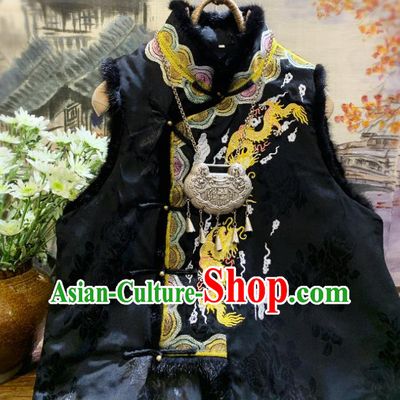 China National Upper Outer Garment Clothing Embroidered Dragon Black Vest Tang Suit Silk Waistcoat