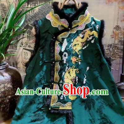 China Tang Suit Silk Waistcoat National Upper Outer Garment Clothing Embroidered Dragon Green Vest