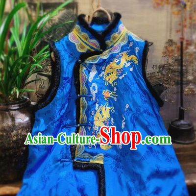 China National Upper Outer Garment Clothing Embroidered Dragon Royalblue Vest Tang Suit Silk Waistcoat