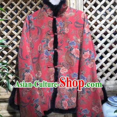 China Tang Suit Cotton Padded Coat National New Year Outer Garment Traditional Flowers Pattern Red Jacket