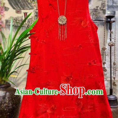 China Tang Suit Red Silk Waistcoat National Clothing Embroidered Goldfish Long Vest