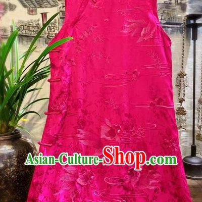 China Embroidered Goldfish Long Vest Tang Suit Rosy Silk Waistcoat National Women Clothing