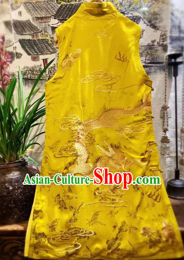 China National Female Clothing Embroidered Goldfish Long Vest Tang Suit Yellow Silk Waistcoat China National Female Clothing Embroidered Goldfish Long Vest Tang Suit Yellow Silk Waistcoat