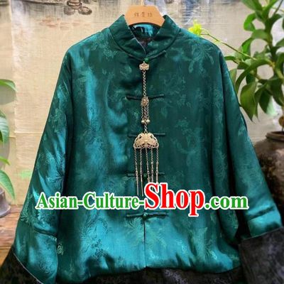 China Traditional Green Silk Jacket National Outer Garment Tang Suit Cotton Padded Coat