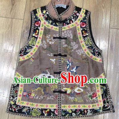 China Tang Suit Grey Waistcoat National Female Clothing Embroidered Cranes Vest