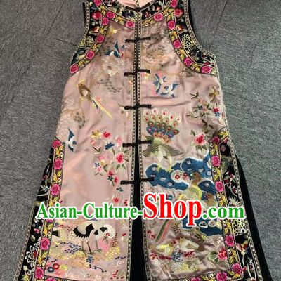 China Tang Suit Pink Silk Long Waistcoat National Female Clothing Embroidered Birds Cotton Wadded Vest