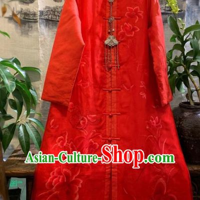 China Traditional Red Silk Dust Coat Tang Suit Clothing National Outer Wear