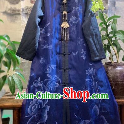 China National Outer Wear Traditional Deep Blue Silk Dust Coat Tang Suit Clothing